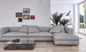 Modern living room with grey sectional sofa and wall art