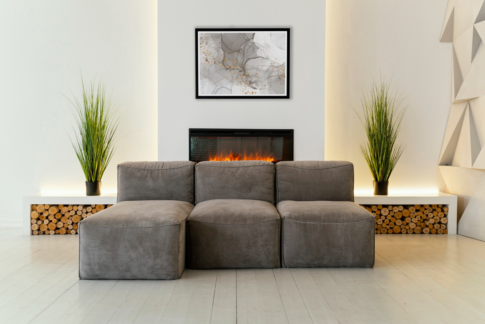 Modular gray lounge couch in minimalist fireplace living room