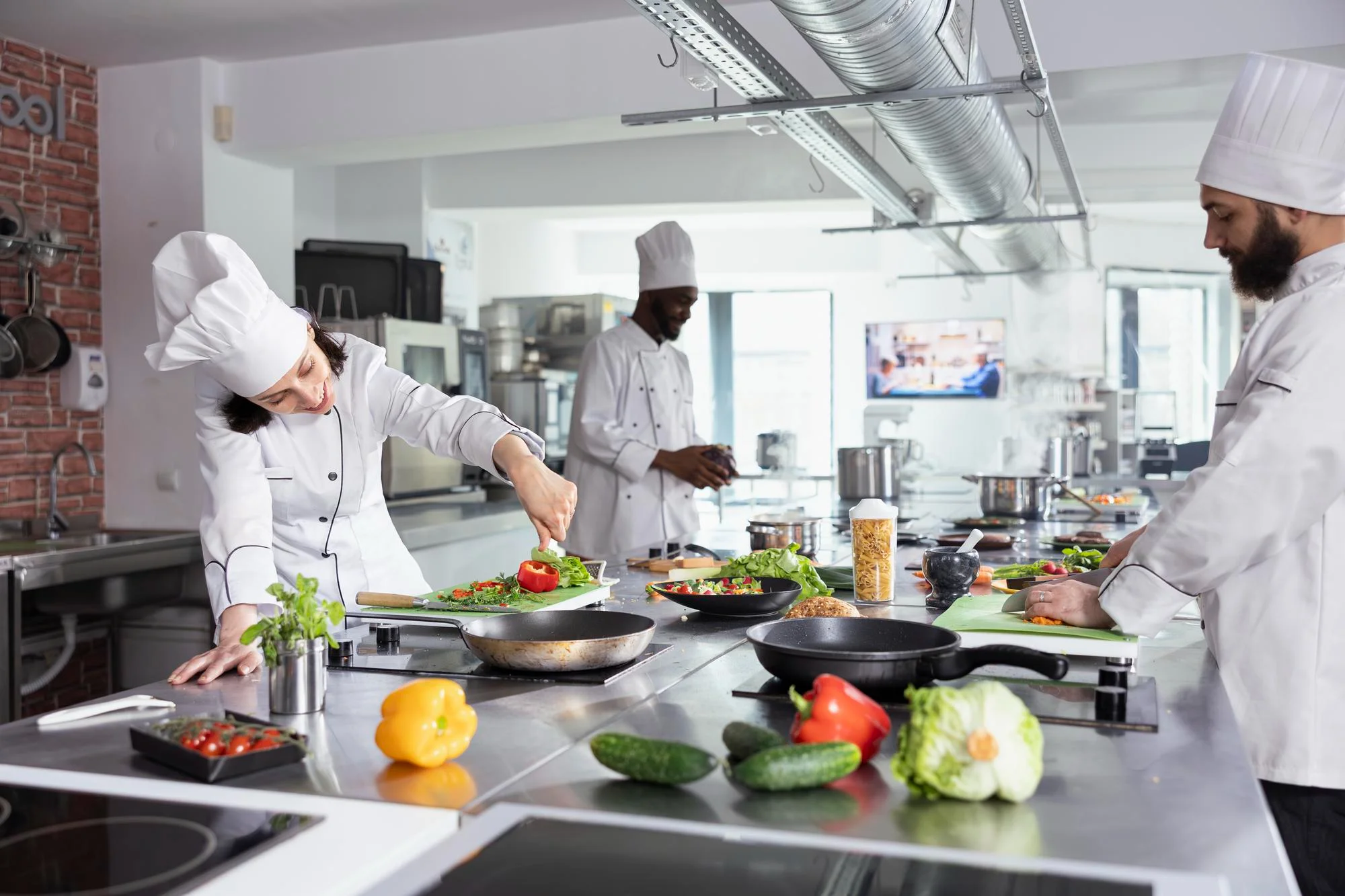 Des chefs professionnels préparent des plats dans une cuisine commerciale