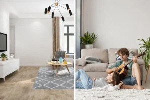 Side by side comparison of formal and casual living rooms