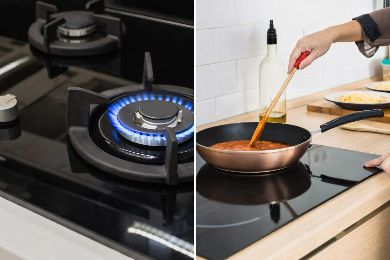 Side by side comparison of gas and electric stoves