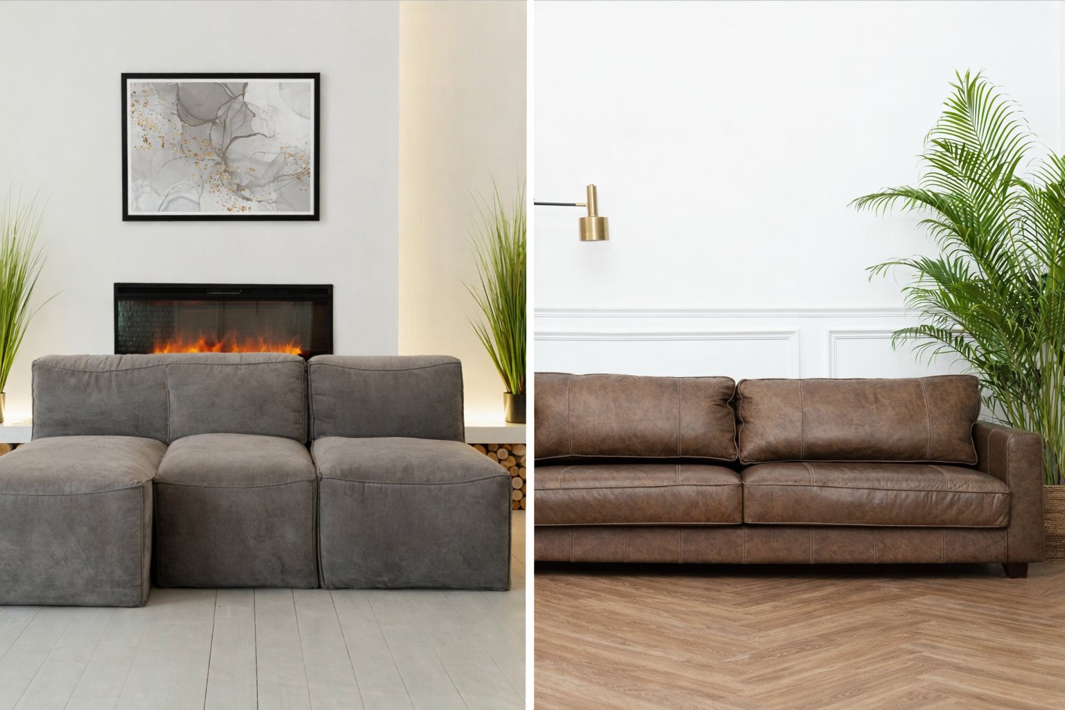 Side by side comparison of modular and leather sofas