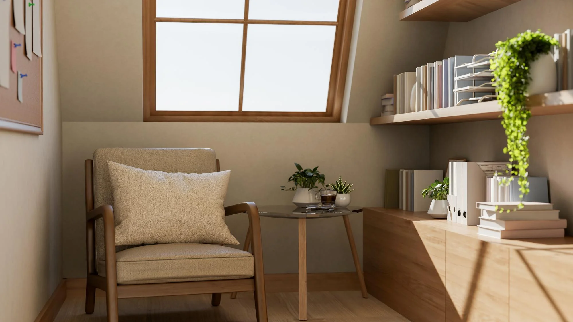 Small reading corner with chair, plants, and soft light