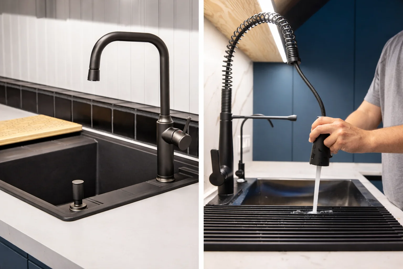 Matte black kitchen faucet with modern sink setup