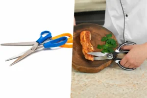 Split view scissors and kitchen food cutting scene