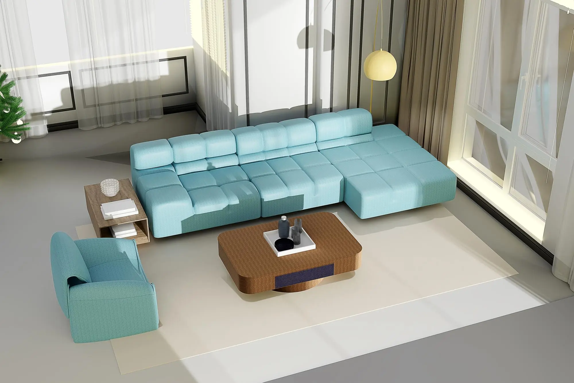 Luminoso salón con gran ventanal y sofá azul.