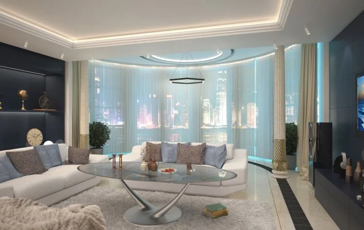 フローティングトレイ天井とレイヤード照明、リビングルームの天井アイデア フローティングトレイ天井とレイヤード照明、リビングルームの天井アイデア