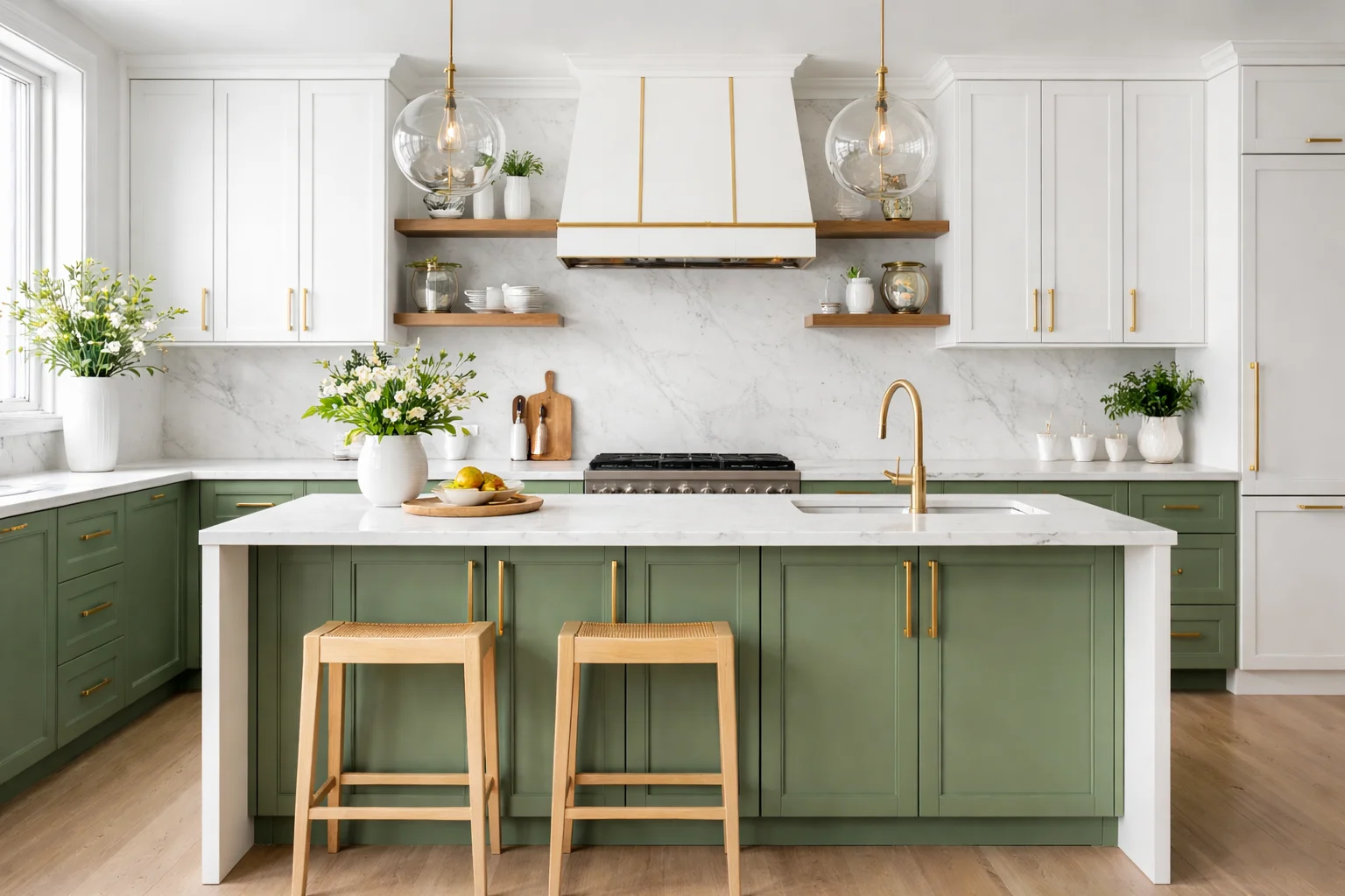 Mobili da cucina bicolore con dettagli verde e oro