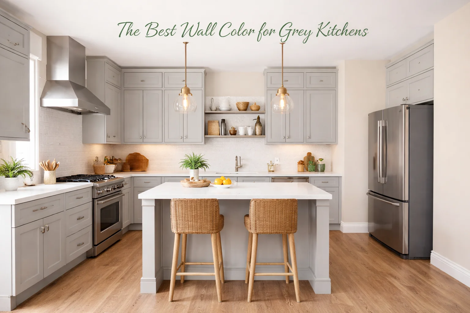 Grey kitchen with warm beige walls and wood accents Grey kitchen with warm beige walls and wood accents