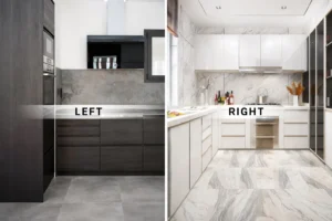 Modern dark vs white kitchen cabinet design comparison