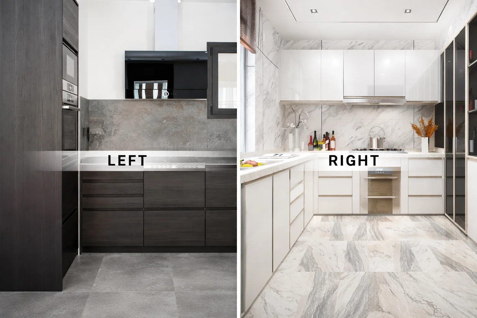 Modern dark vs white kitchen cabinet design comparison