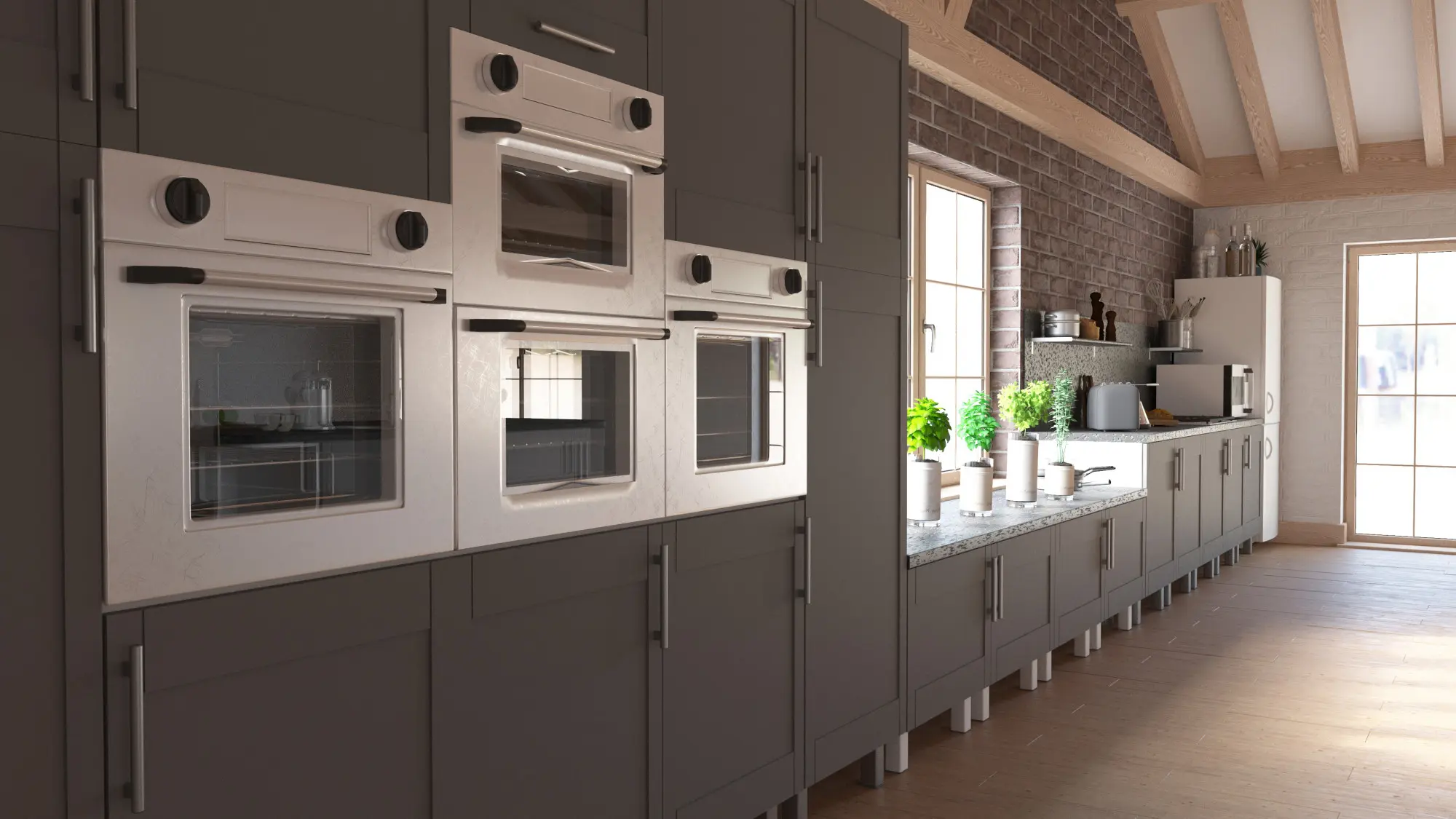 Modern kitchen with built in appliance garage cabinet