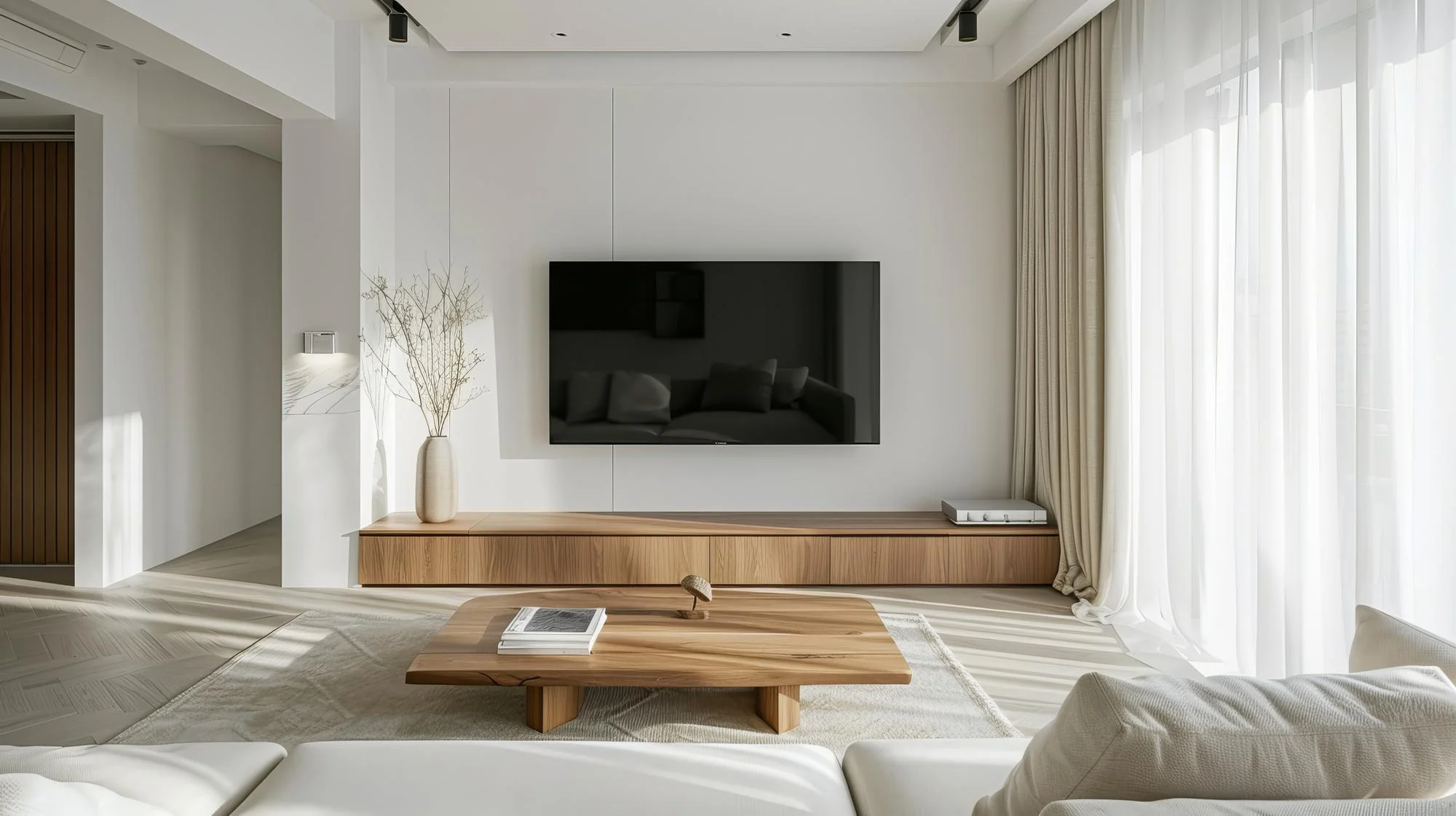 壁掛けテレビと木製テーブルを備えたモダンなリビングルーム 壁掛けテレビと木製テーブルを備えたモダンなリビングルーム