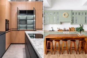 Open wood kitchen cabinets with island and seating area