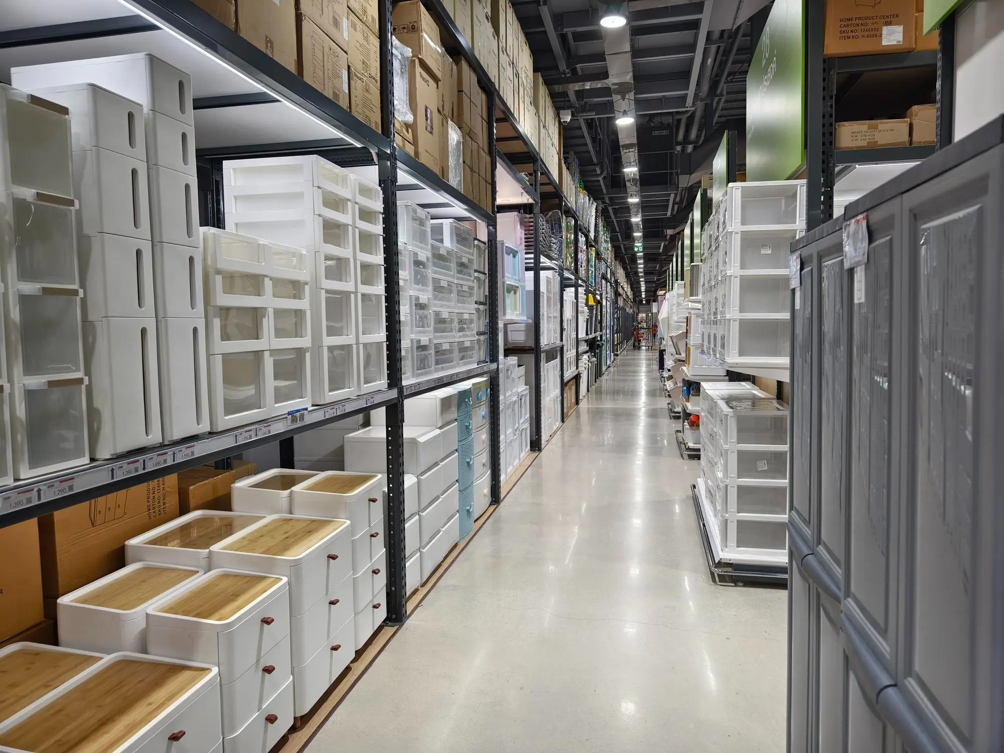 Retail display of stock kitchen cabinets in warehouse