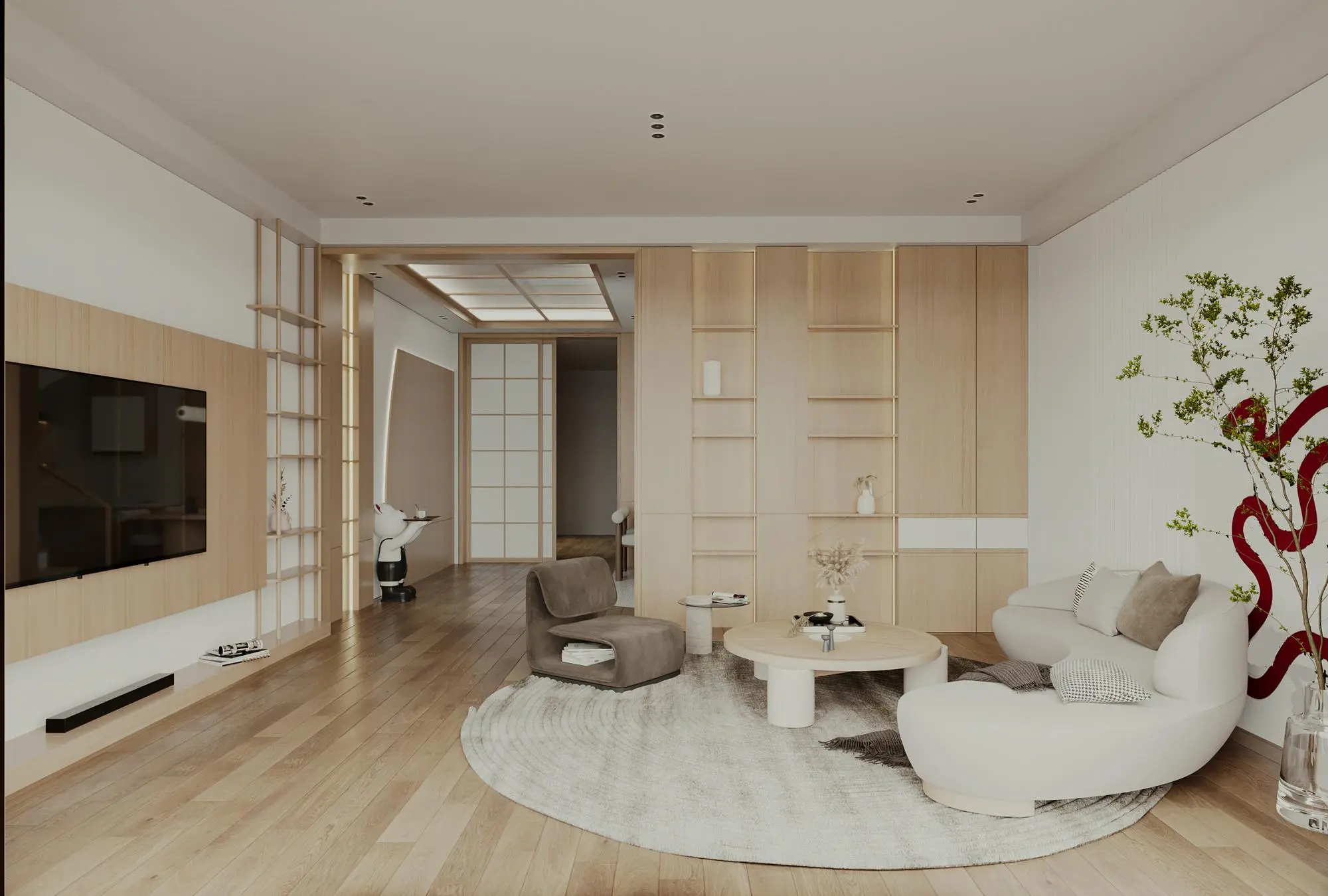 Salón cálido de madera con gran ventanal abierto.