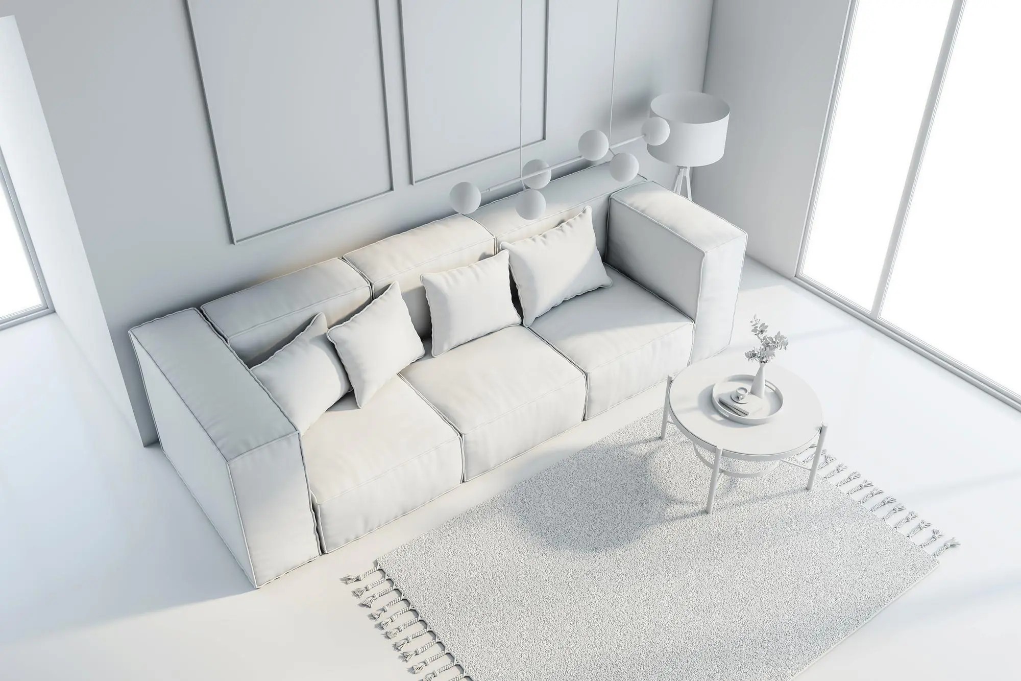 Sala de estar blanca con luz tenue y gran ventanal.