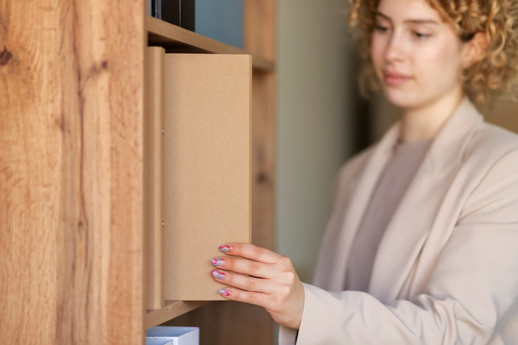 امرأة تتفقد لوحة باب خزانة من الخشب المضغوط