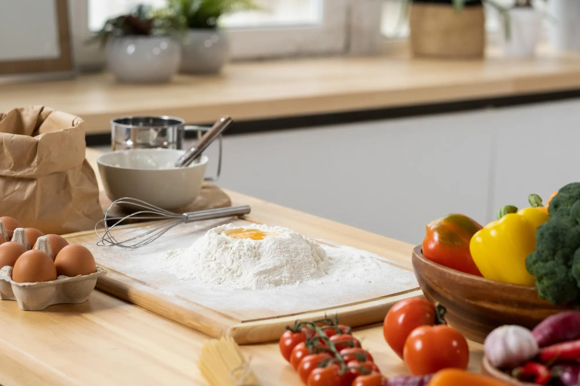 Baking ingredients prepared on kitchen counter workspace