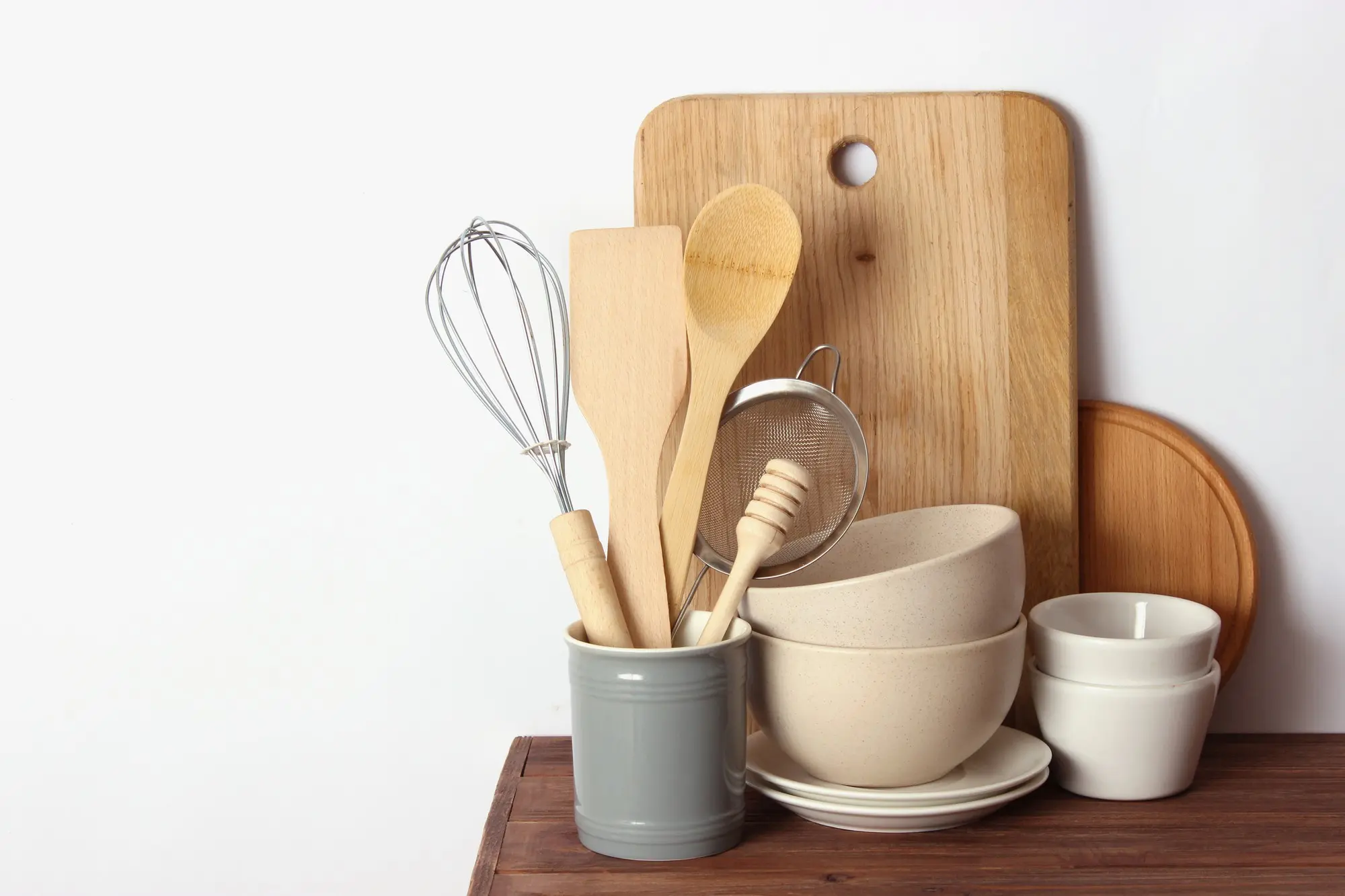 Beech wood utensils set with bowls and whisk display