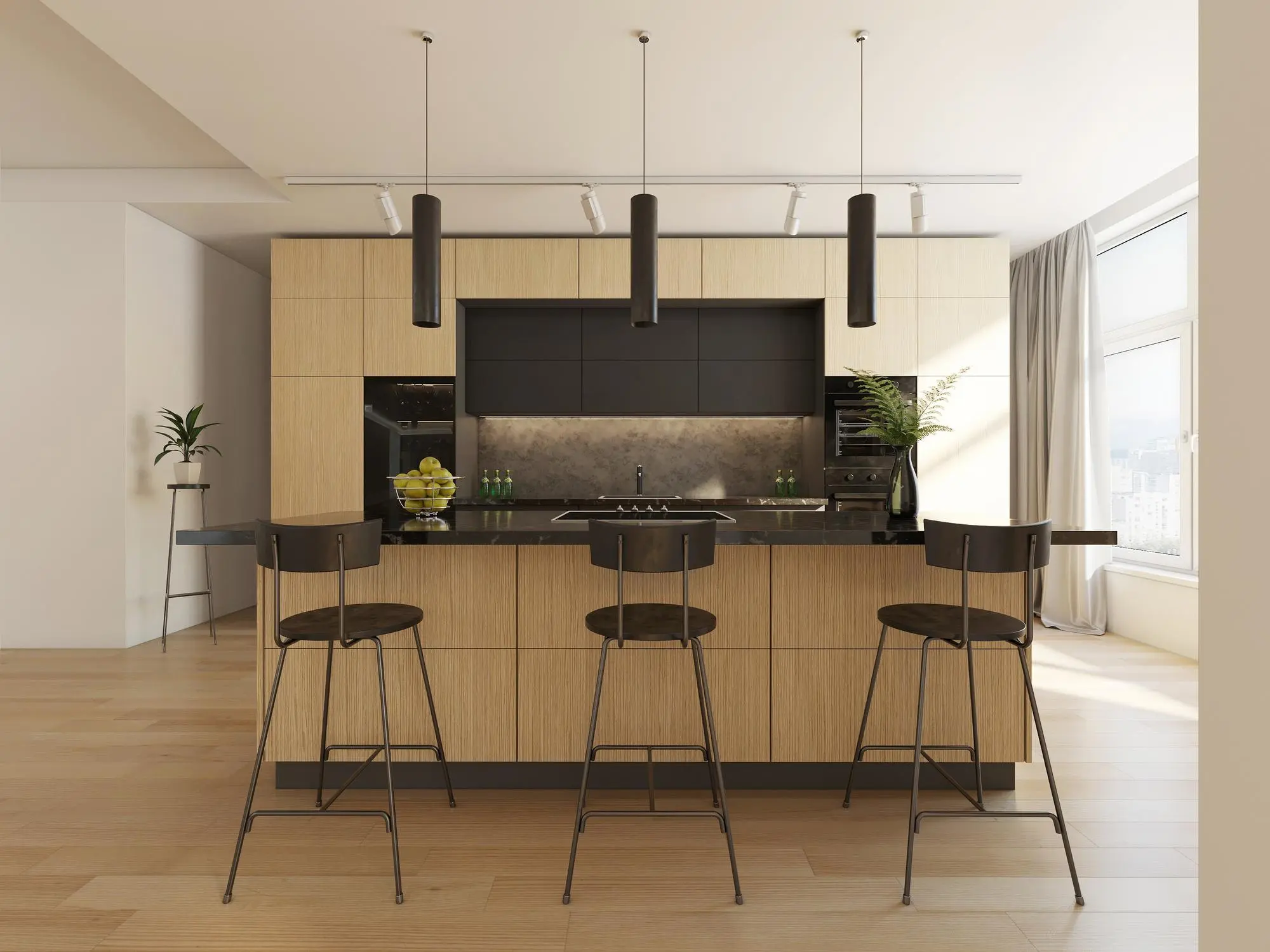 Contemporary kitchen island with four bar stools