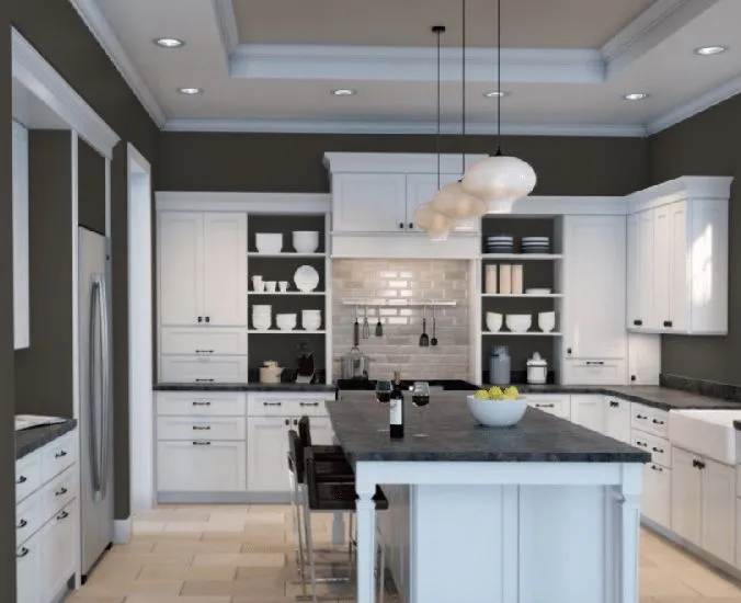 Dark wall color with white cabinets for bold contrast look