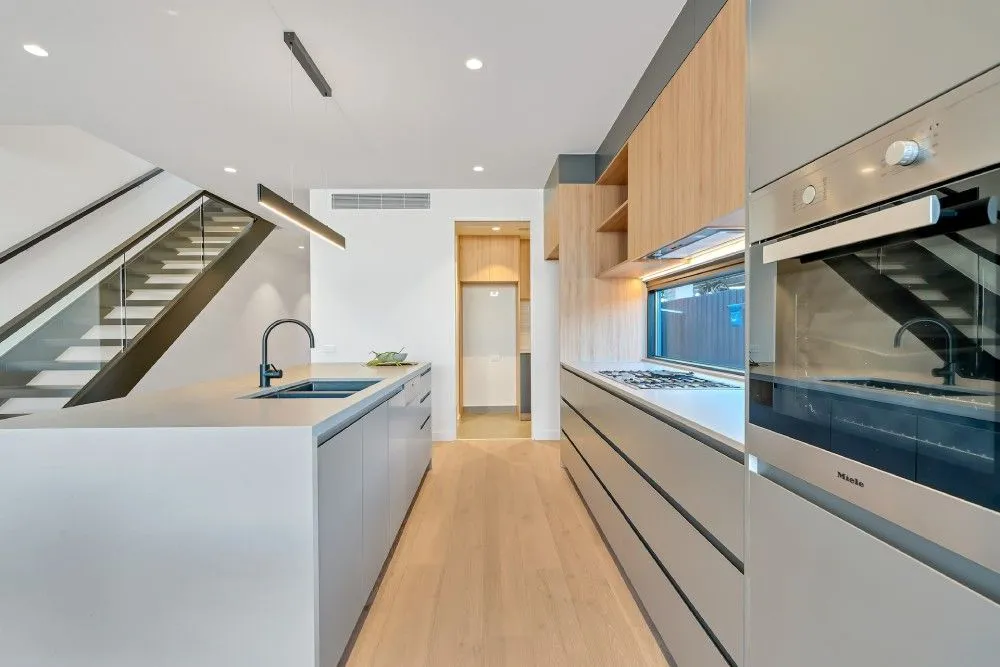 Handleless Minimalist Cabinets, Galley Kitchen Design Ideas