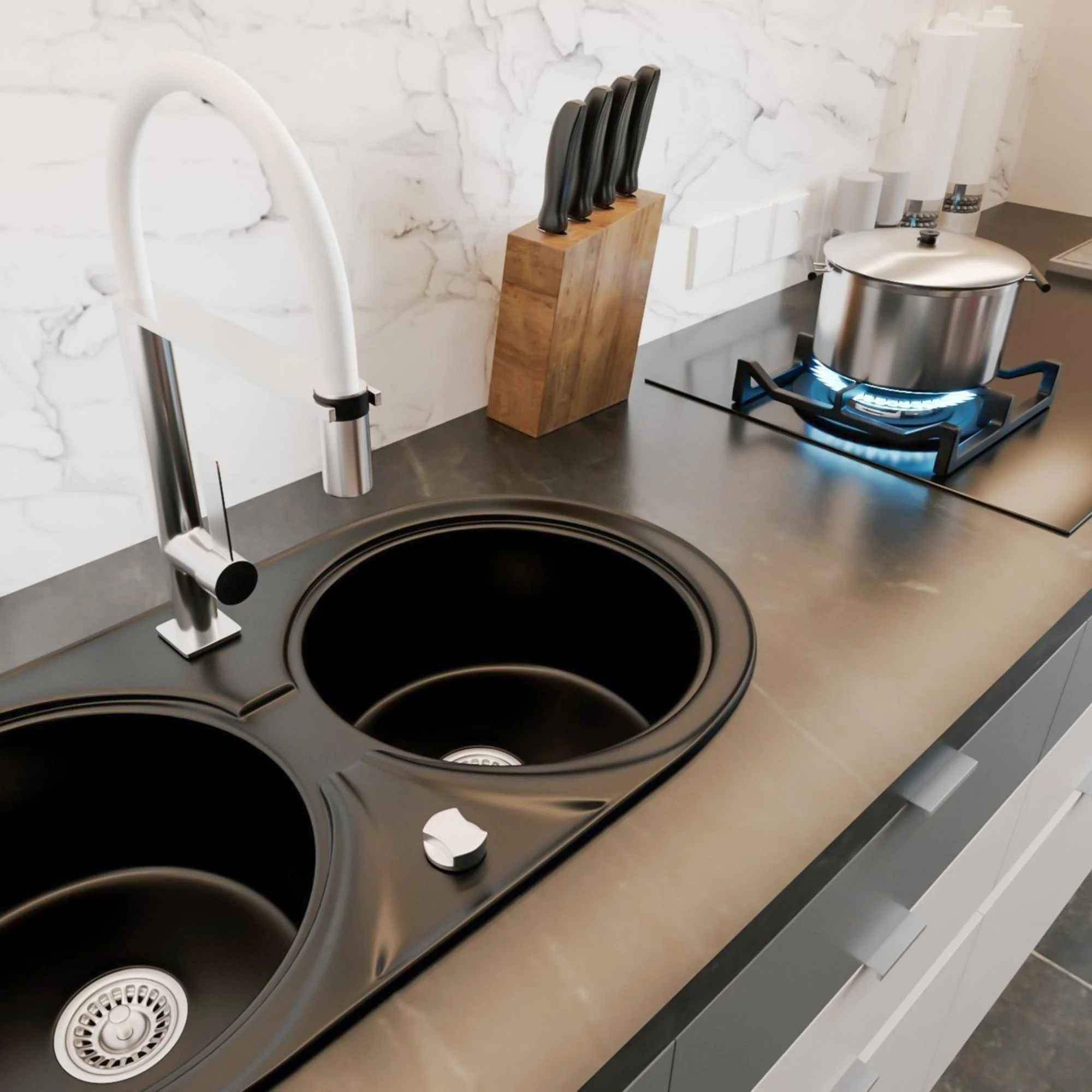 وضع حوض المطبخ والموقد يوضح توازن فنغ شوي