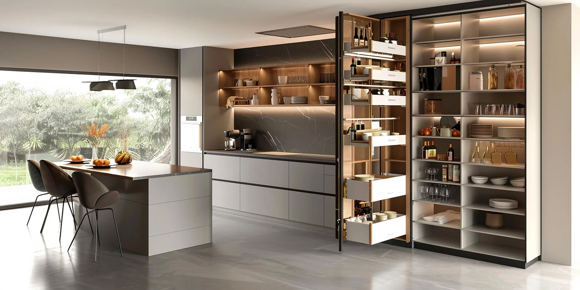 Kitchen with open and closed storage design combination