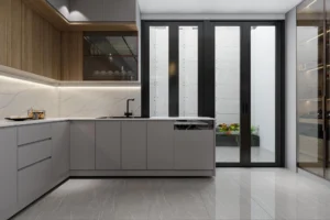 Large format gray tiles in minimalist kitchen floor
