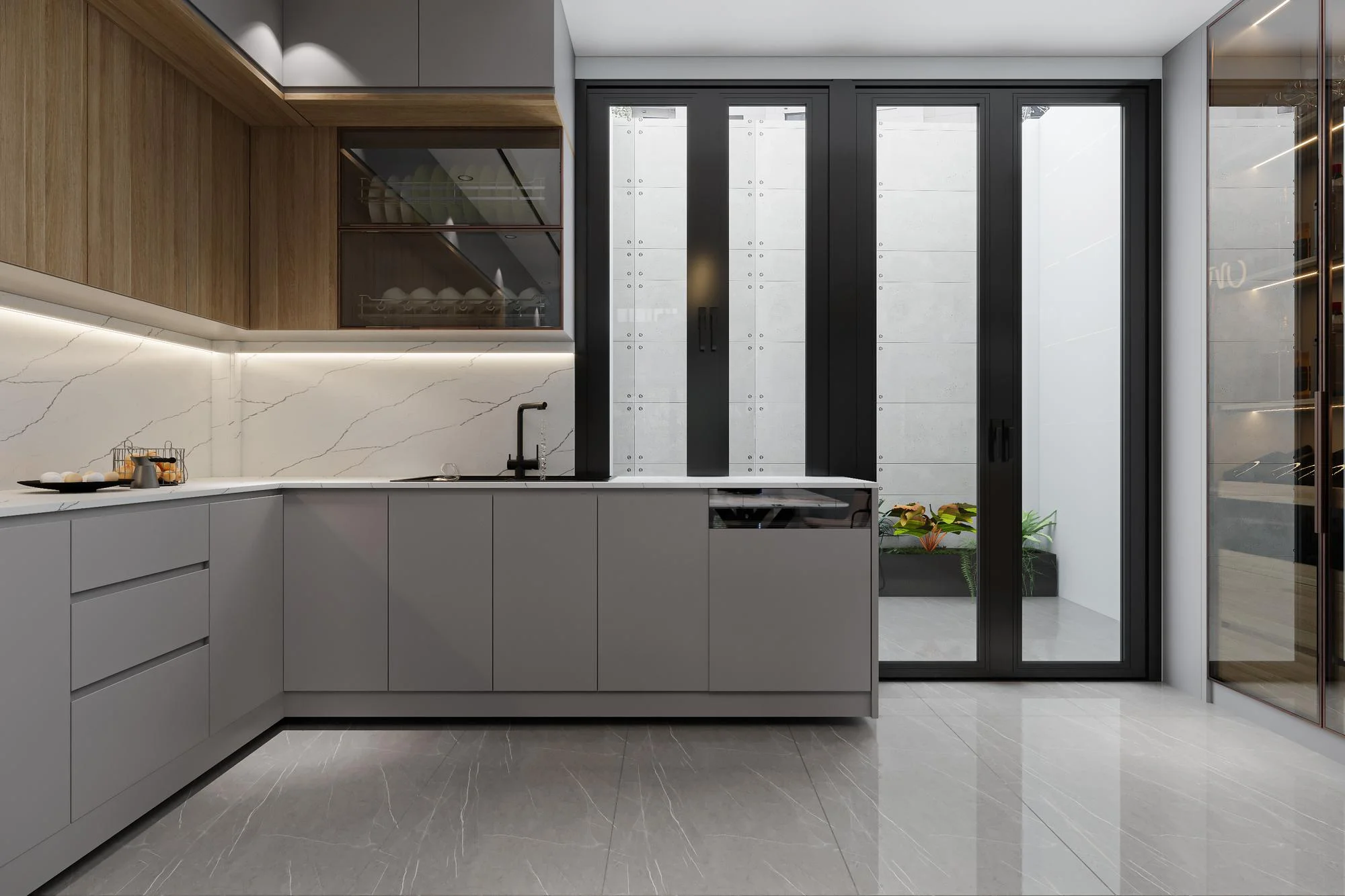 Piastrelle grigie di grande formato per il pavimento di una cucina minimalista.