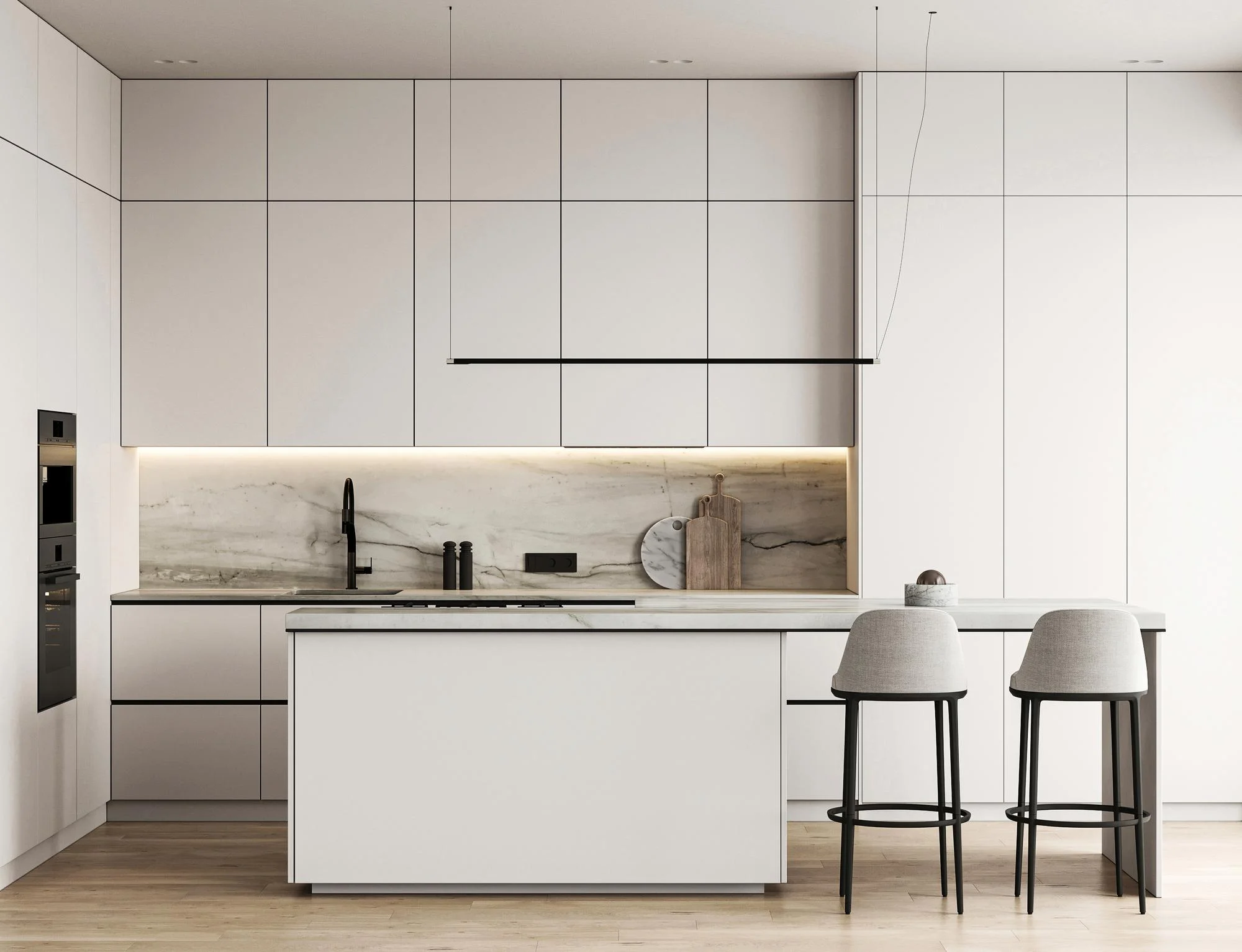 مطبخ عصري بسيط بخزائن ذات ألواح مسطحة وجزيرة مطبخ