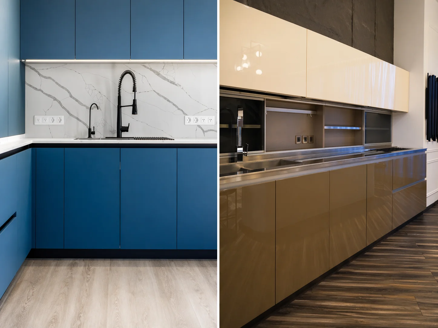 Modern blue matte kitchen cabinet finish with marble wall