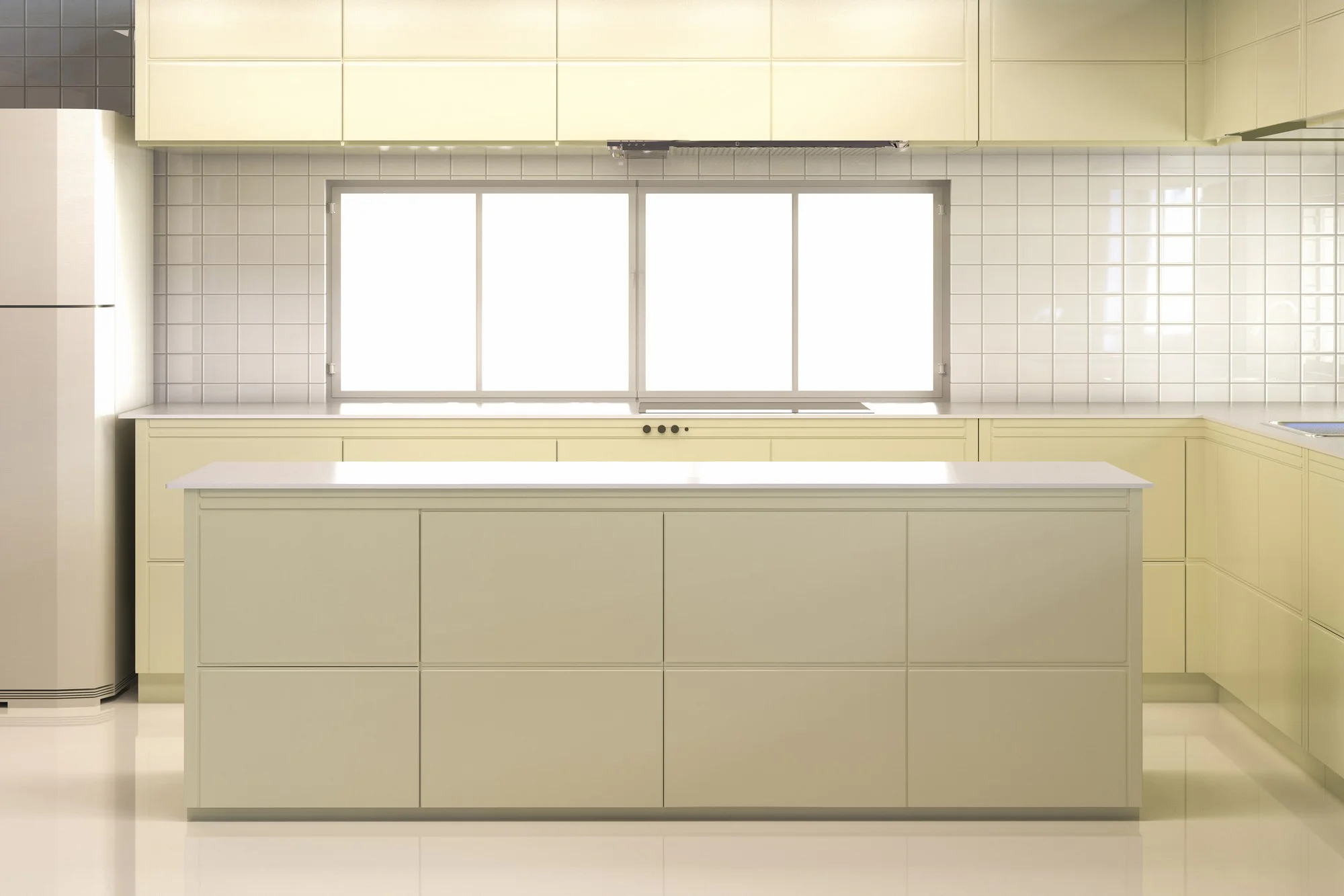 تصميم مطبخ عصري مربع الشكل مع جزيرة وخطوط نظيفة