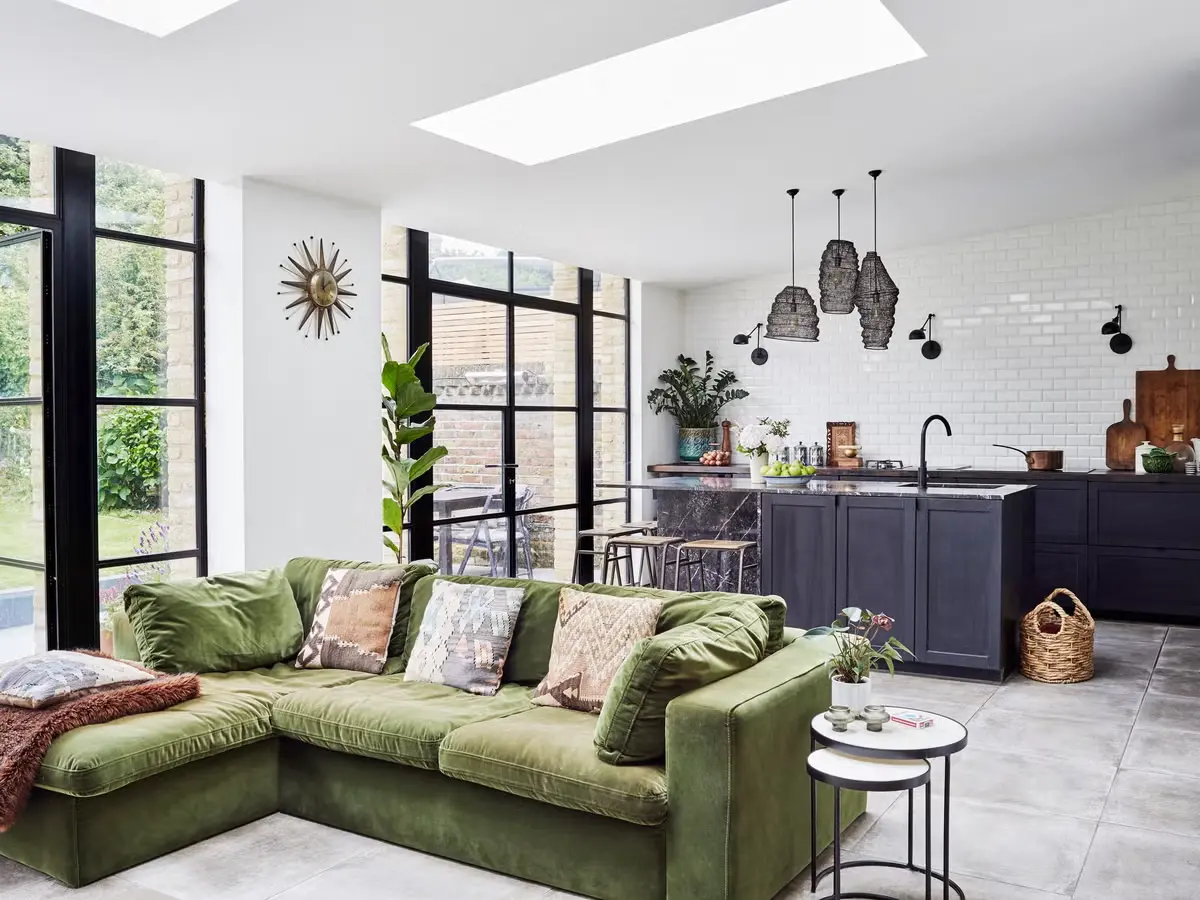 Sofa Placement as Divider, Separate Kitchen and Living Room