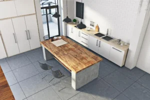 Spacious kitchen with wooden island and pendant lights