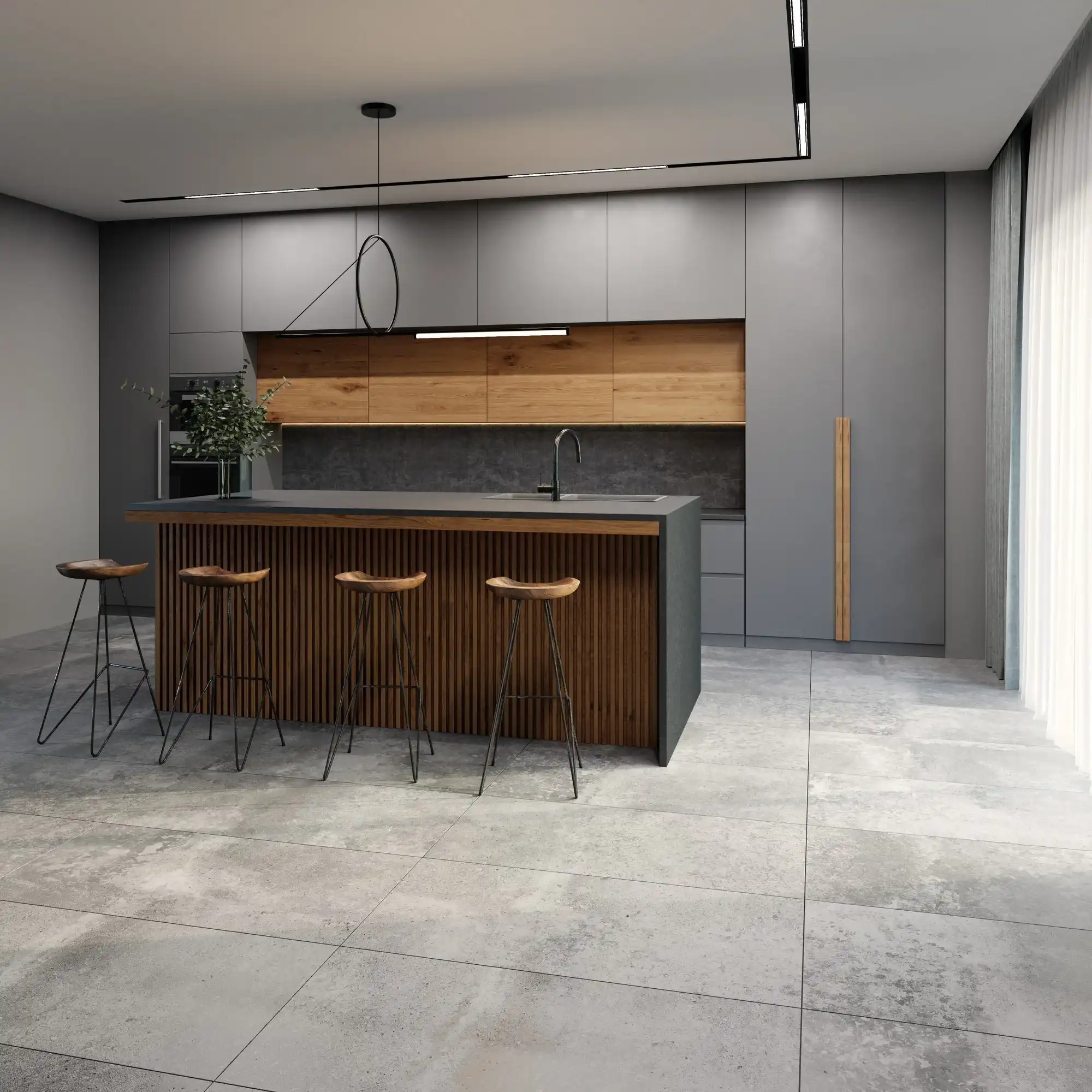 بلاط بورسلين ذو مظهر حجري في مساحة مطبخ حديثة