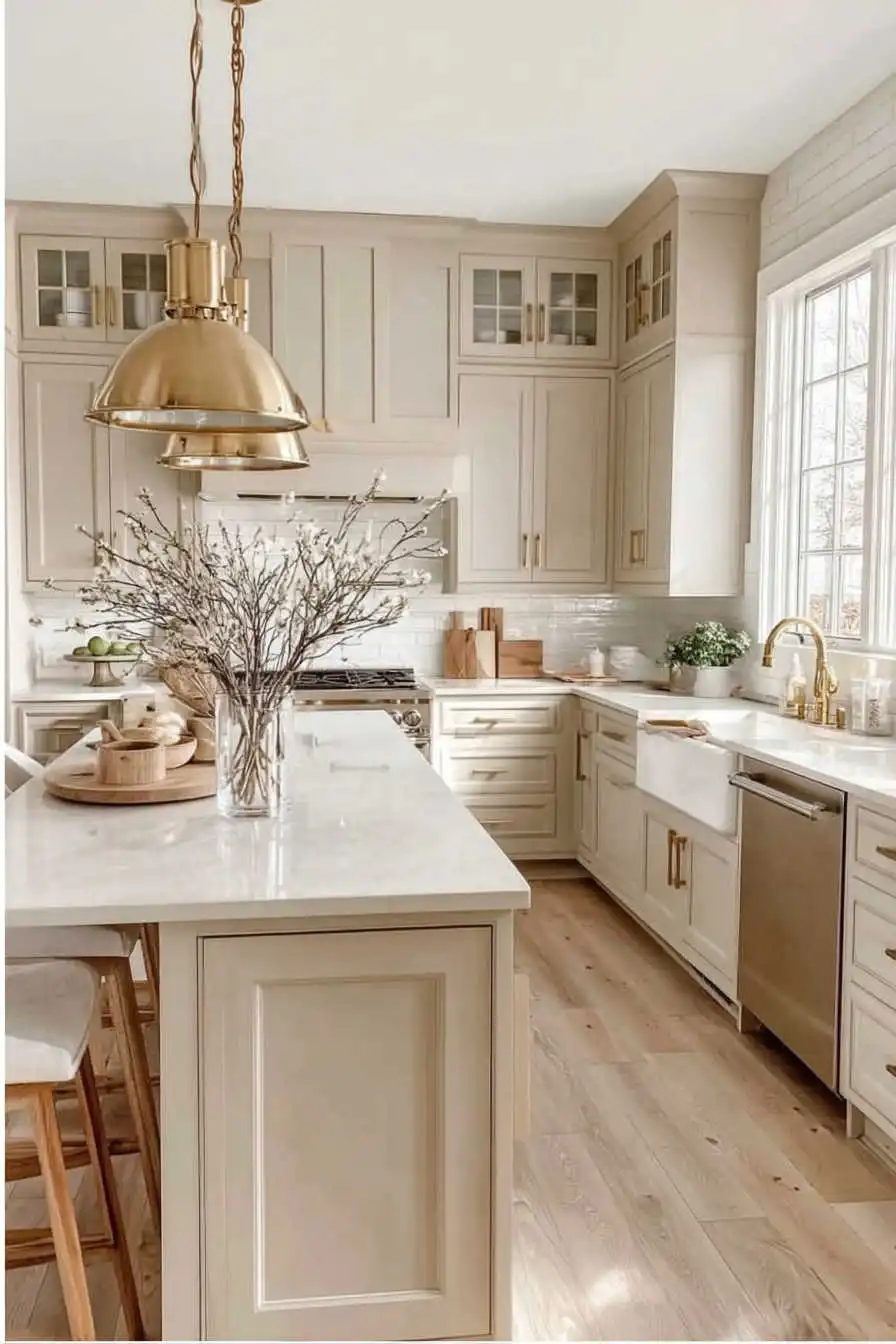 Warm beige kitchen with white cabinets and gold fixtures