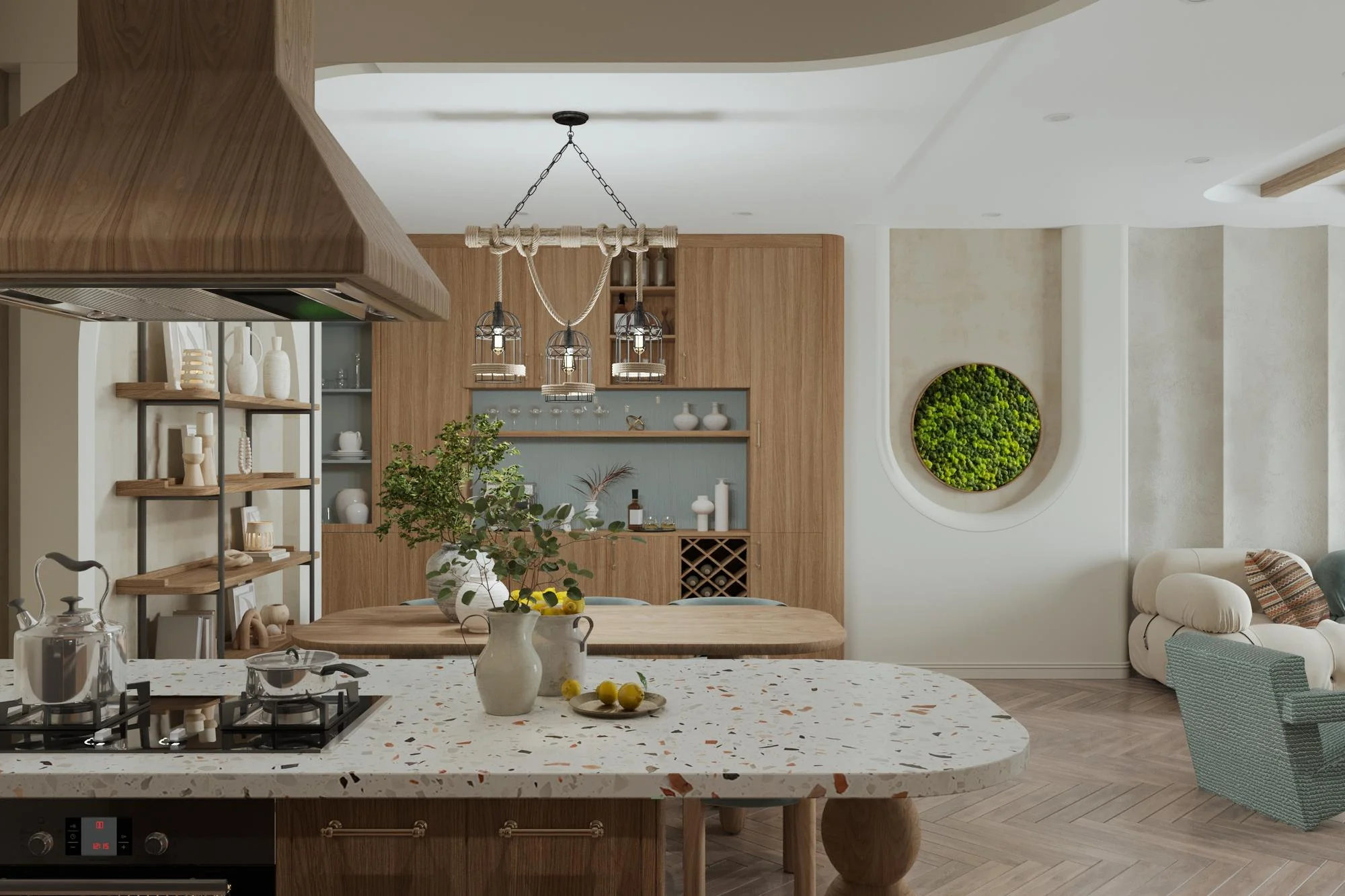 تصميم مطبخ عصري دافئ مع تخطيط متوازن وفقًا لمبادئ فنغ شوي