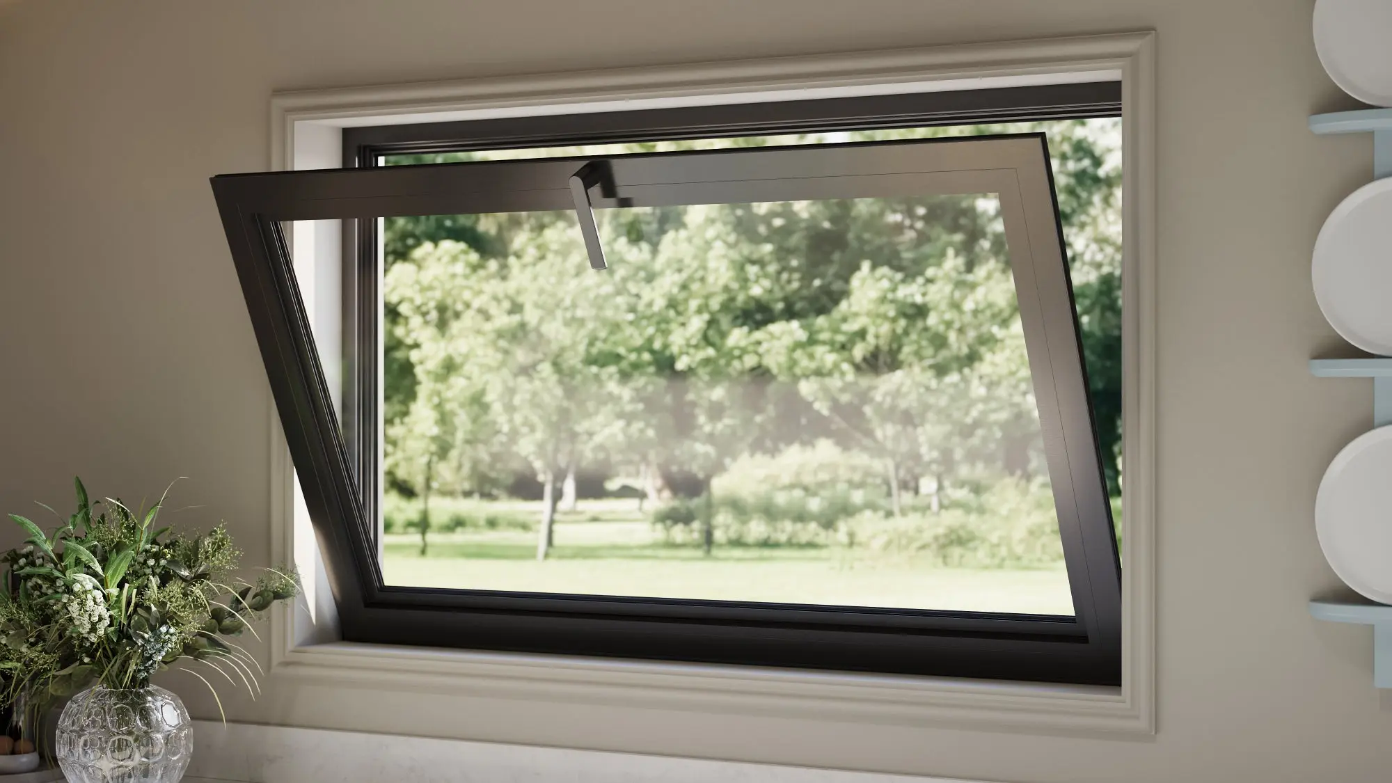 Black hopper window opened inward for basement airflow