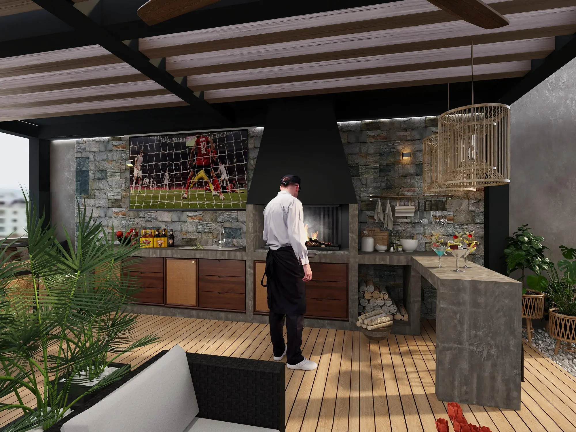 Chef cooking at a stone outdoor kitchen with TV, L Shaped Outdoor Kitchen