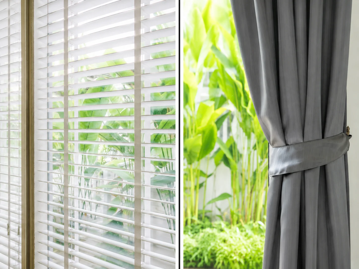 Gray curtains and white blinds beside large bright window