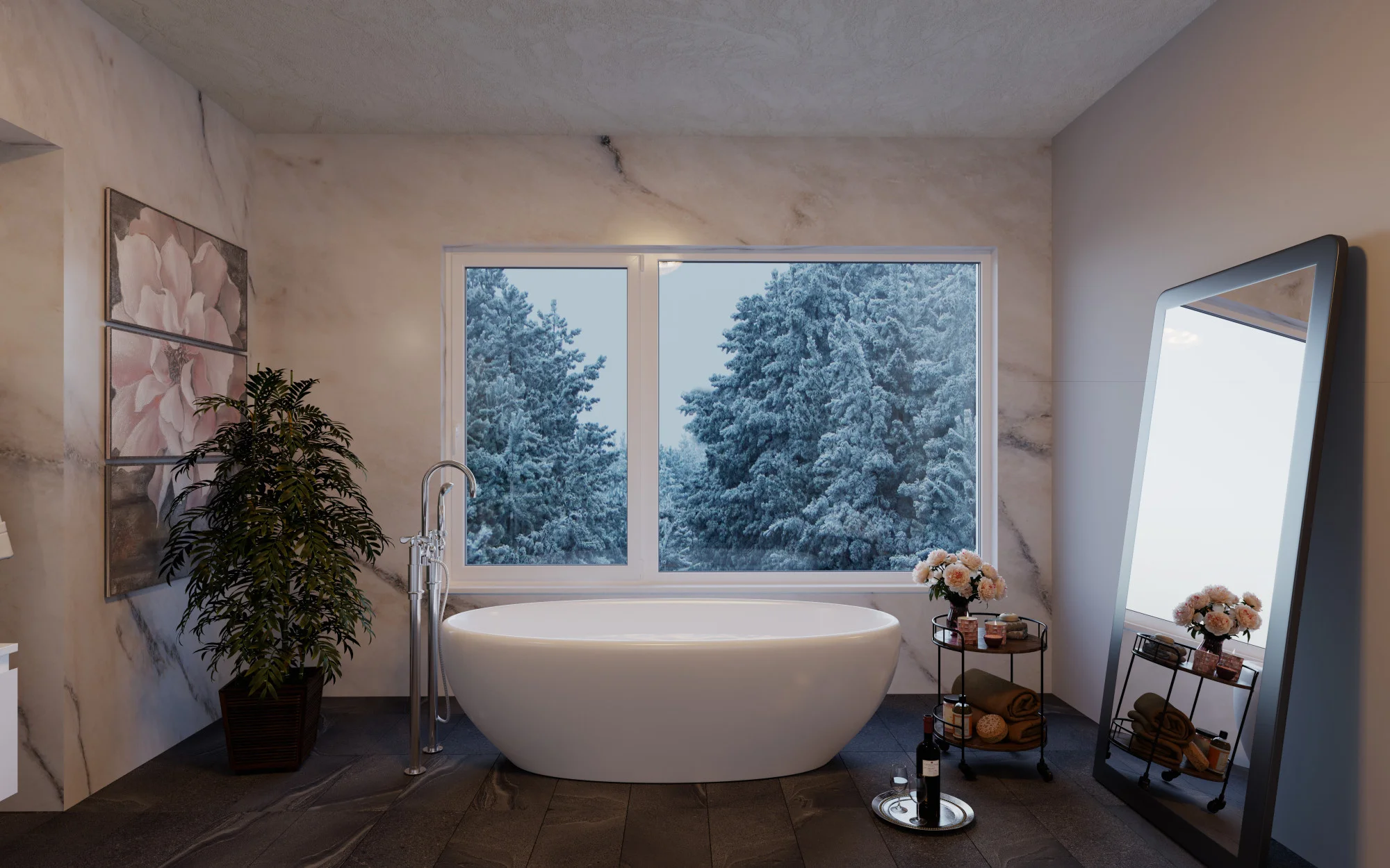 Large bathroom picture window beside freestanding bathtub