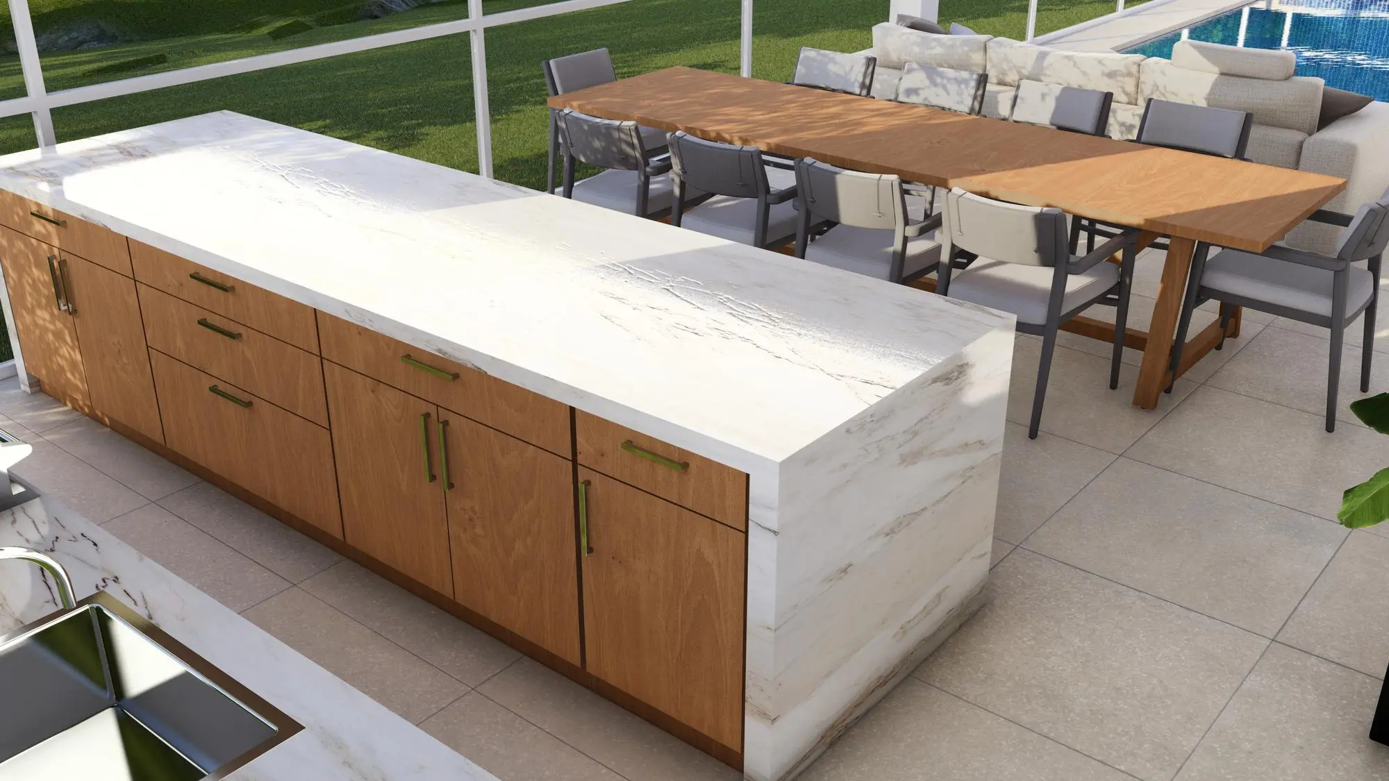 Luxury marble kitchen island with outdoor dining set, Outdoor Kitchen with Island
