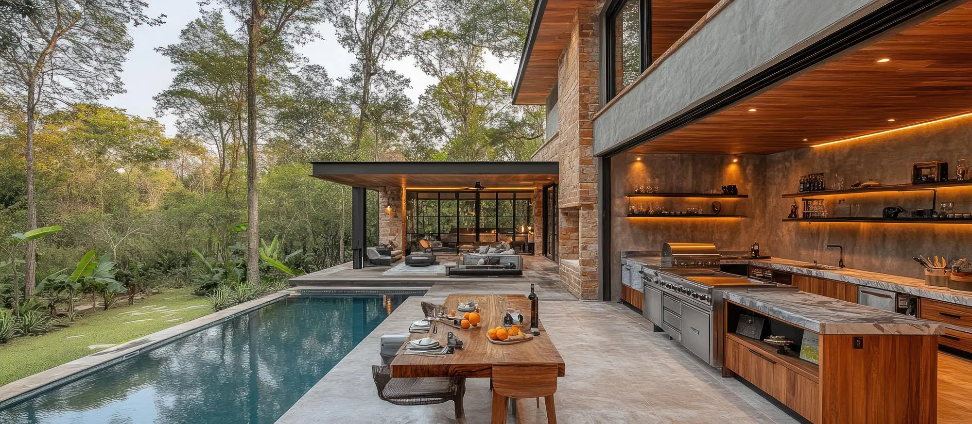 Luxury poolside patio with full kitchen and forest view, Luxury Outdoor Kitchen Design