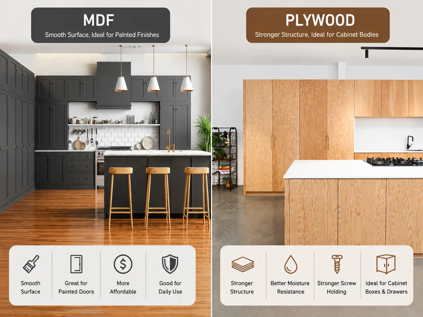 Design di mobili da cucina in MDF e compensato affiancati