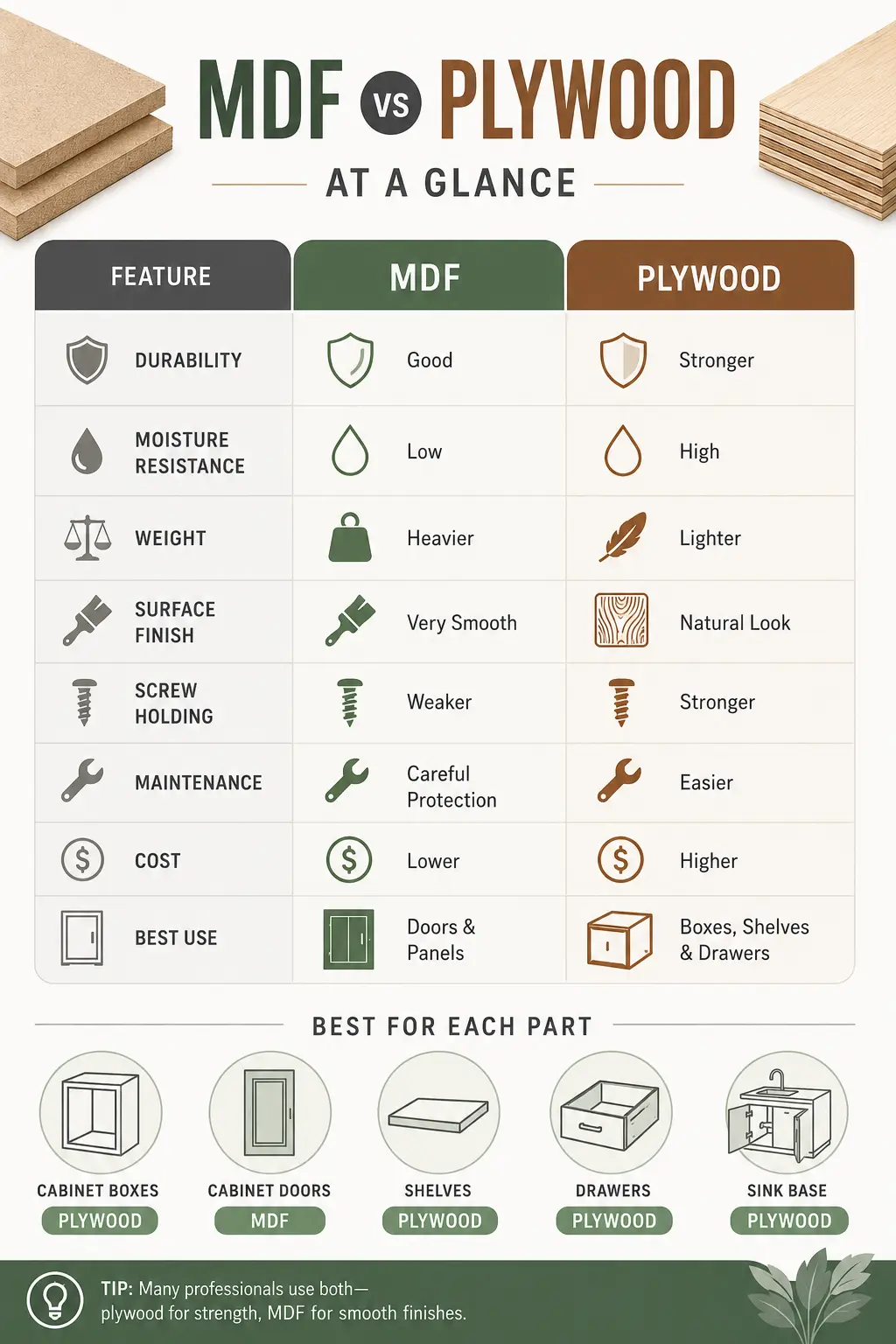 MDF vs plywood cabinet material comparison infographic MDF vs plywood cabinet material comparison infographic