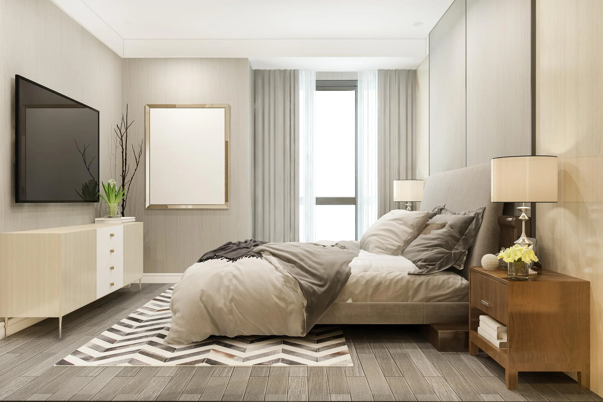 Modern bedroom with TV, bed, and chevron rug