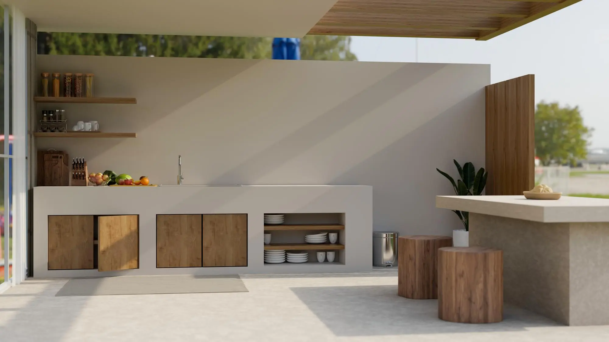 Modern white outdoor kitchen with wooden cabinets, Minimalist Outdoor Kitchen