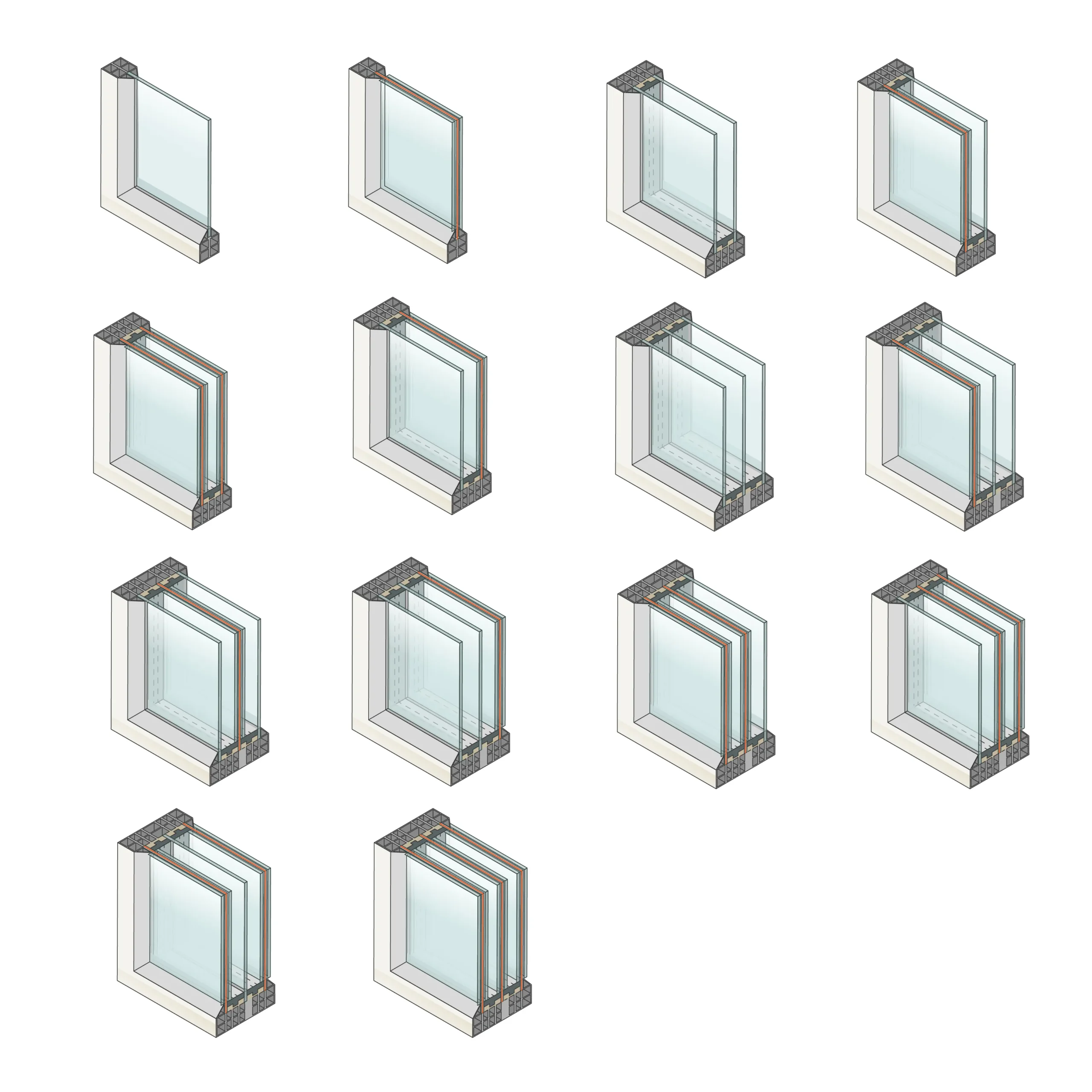 Illustration comparative de la structure des vitrages à plusieurs panneaux Illustration comparative de la structure des vitrages à plusieurs panneaux